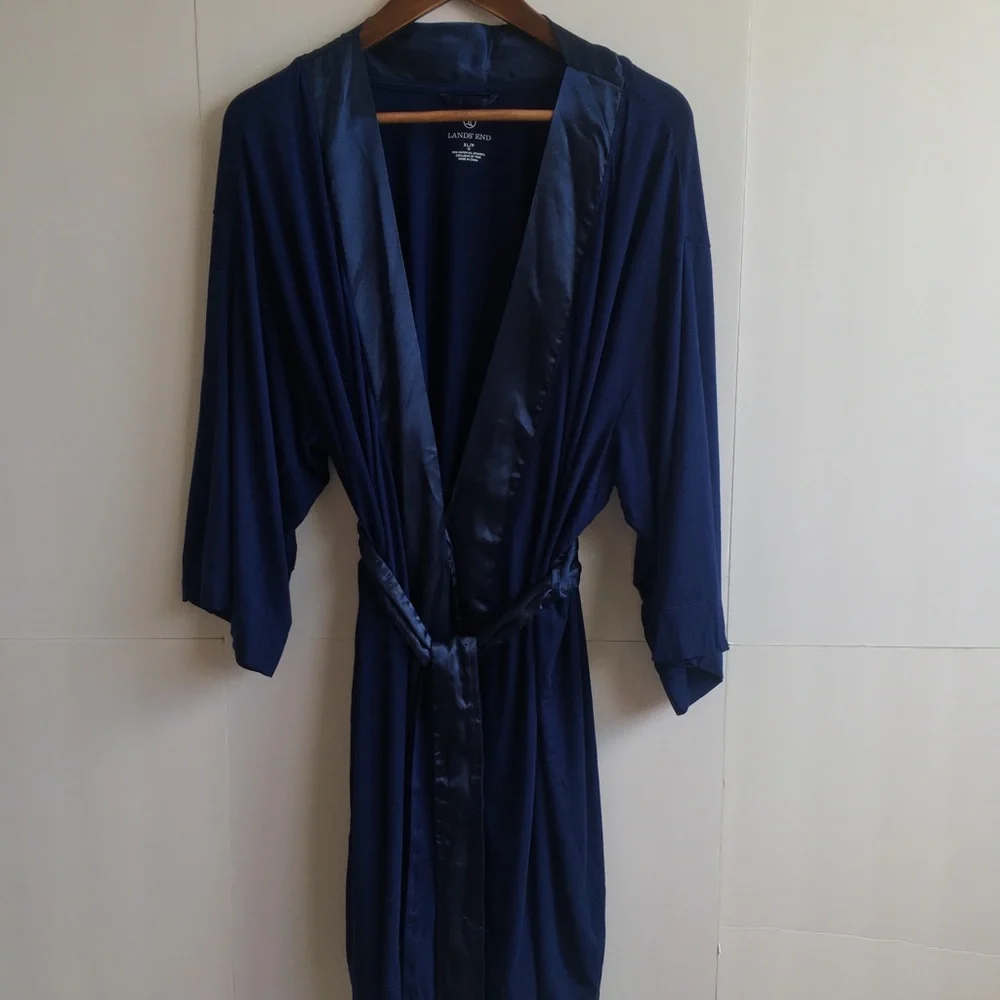 Lands' End Satin-Trim Midnight Blue Navy Robe NWOT- XL